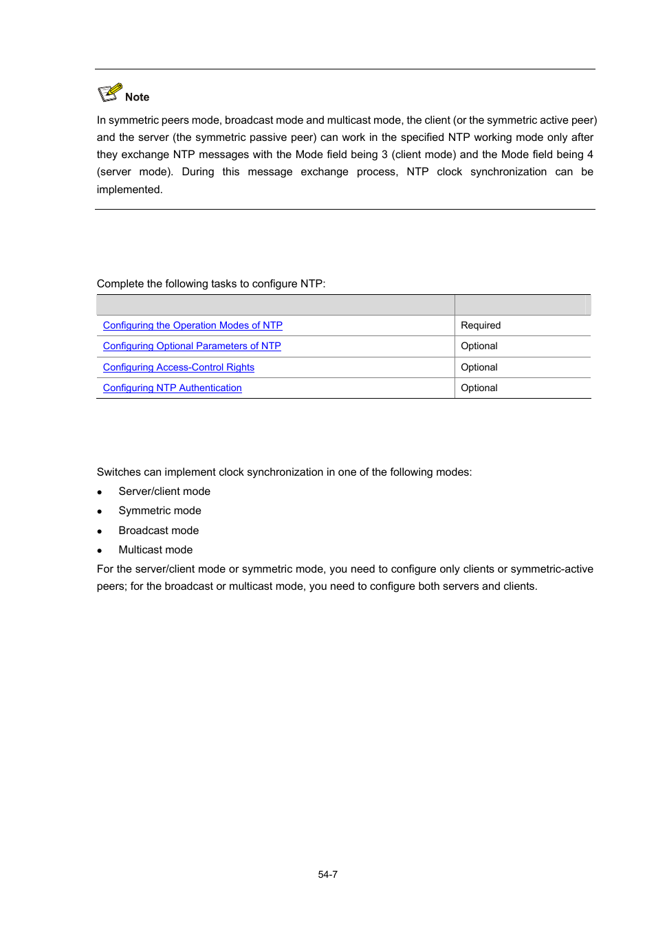 Ntp configuration task list, Configuring the operation modes of ntp, 7 configuring the operation modes of ntp | H3C Technologies H3C WX6000 Series Access Controllers User Manual | Page 492 / 678