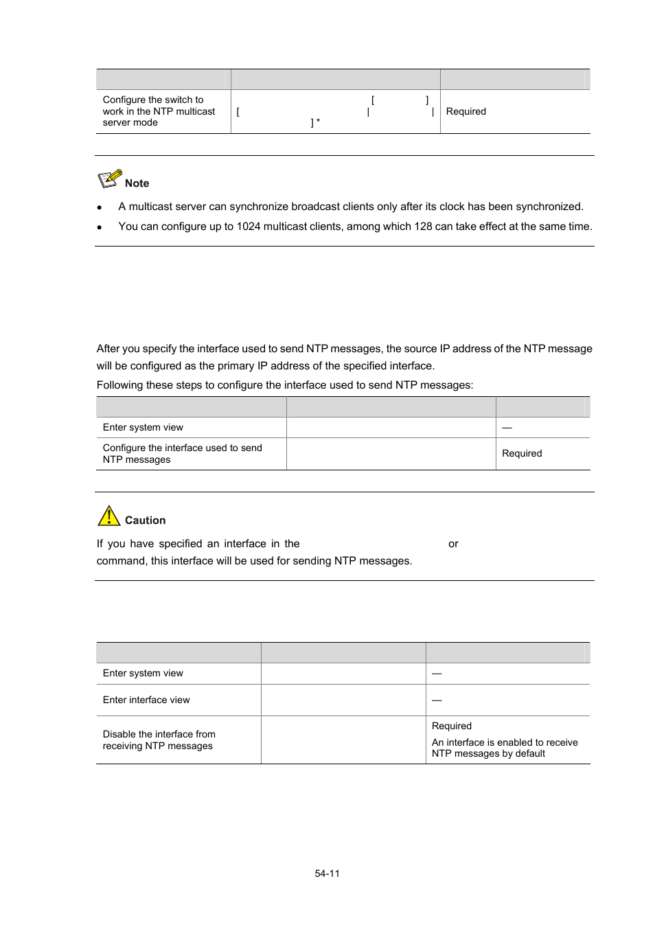 Configuring optional parameters of ntp, Configuring the interface to send ntp messages, Disabling an interface from receiving ntp messages | H3C Technologies H3C WX6000 Series Access Controllers User Manual | Page 496 / 678