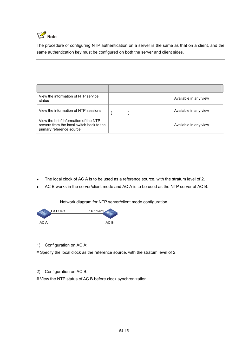 Displaying and maintaining ntp, Ntp configuration examples, Configuring ntp server/client mode | Network requirements, Network diagram, Configuration procedure | H3C Technologies H3C WX6000 Series Access Controllers User Manual | Page 500 / 678