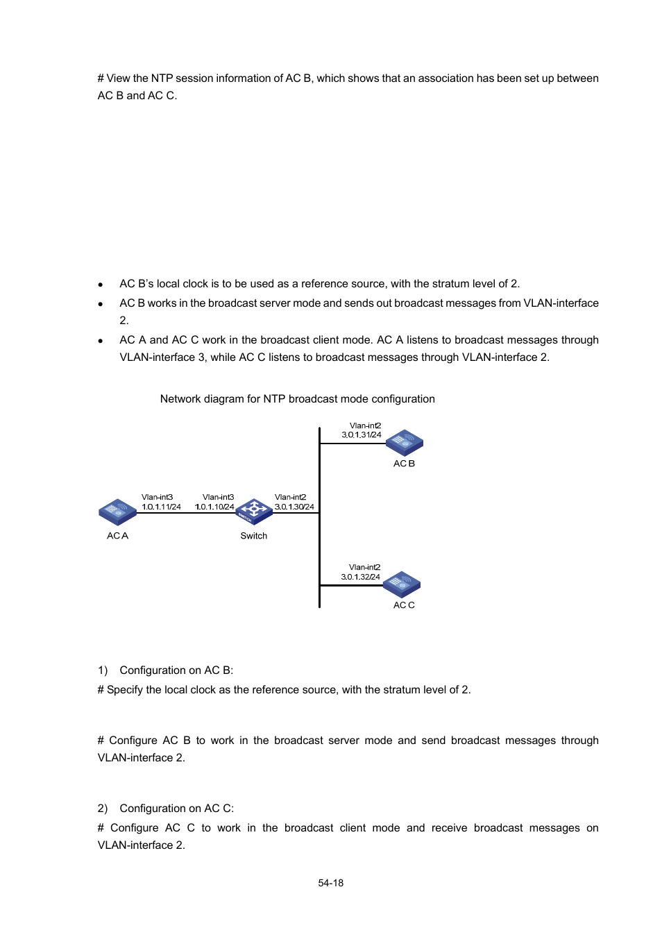 Configuring ntp broadcast mode, Network requirements, Network diagram | Configuration procedure | H3C Technologies H3C WX6000 Series Access Controllers User Manual | Page 503 / 678