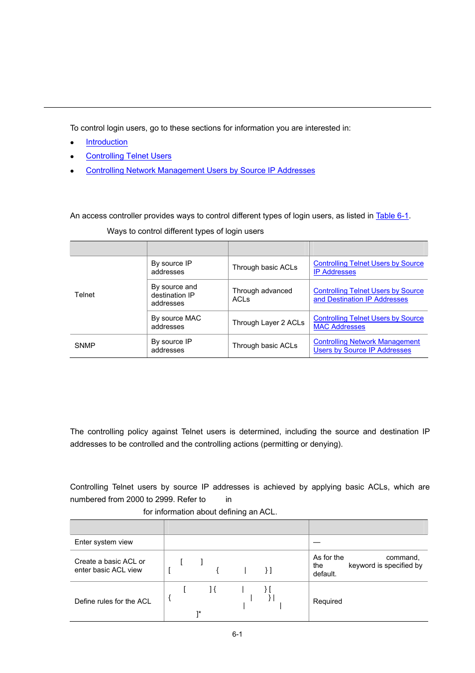 6 controlling login users, Introduction, Controlling telnet users | Prerequisites, Controlling telnet users by source ip addresses, 1 controlling telnet users, Controlling login users | H3C Technologies H3C WX6000 Series Access Controllers User Manual | Page 51 / 678