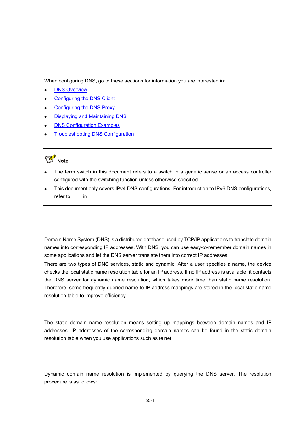 55 dns configuration, Dns overview, Static domain name resolution | Dynamic domain name resolution, Resolving procedure, Dns configuration | H3C Technologies H3C WX6000 Series Access Controllers User Manual | Page 511 / 678