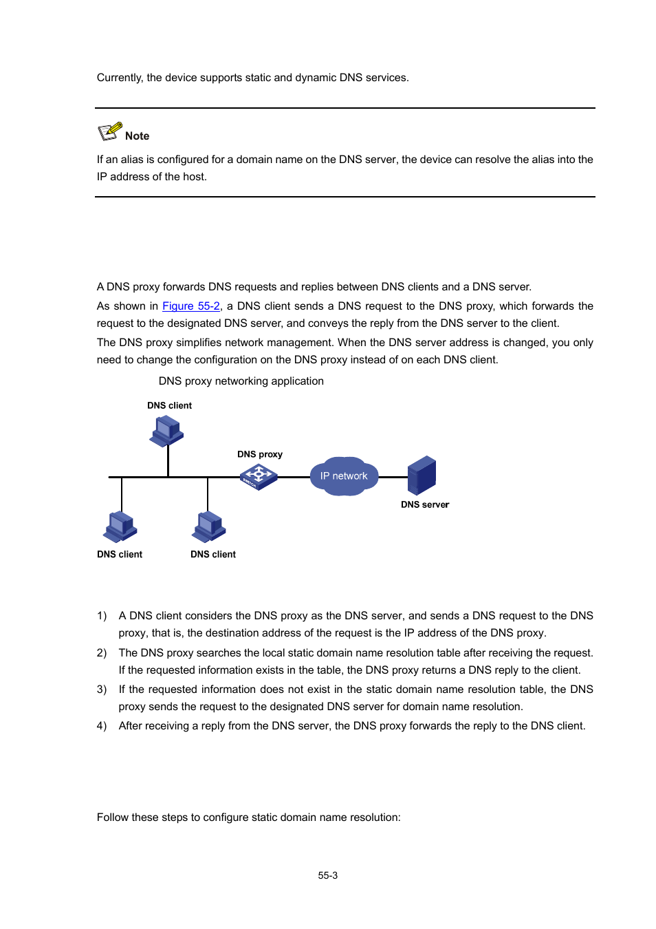 Dns proxy, Introduction to dns proxy, Operation of a dns proxy | Configuring the dns client, Configuring static domain name resolution | H3C Technologies H3C WX6000 Series Access Controllers User Manual | Page 513 / 678