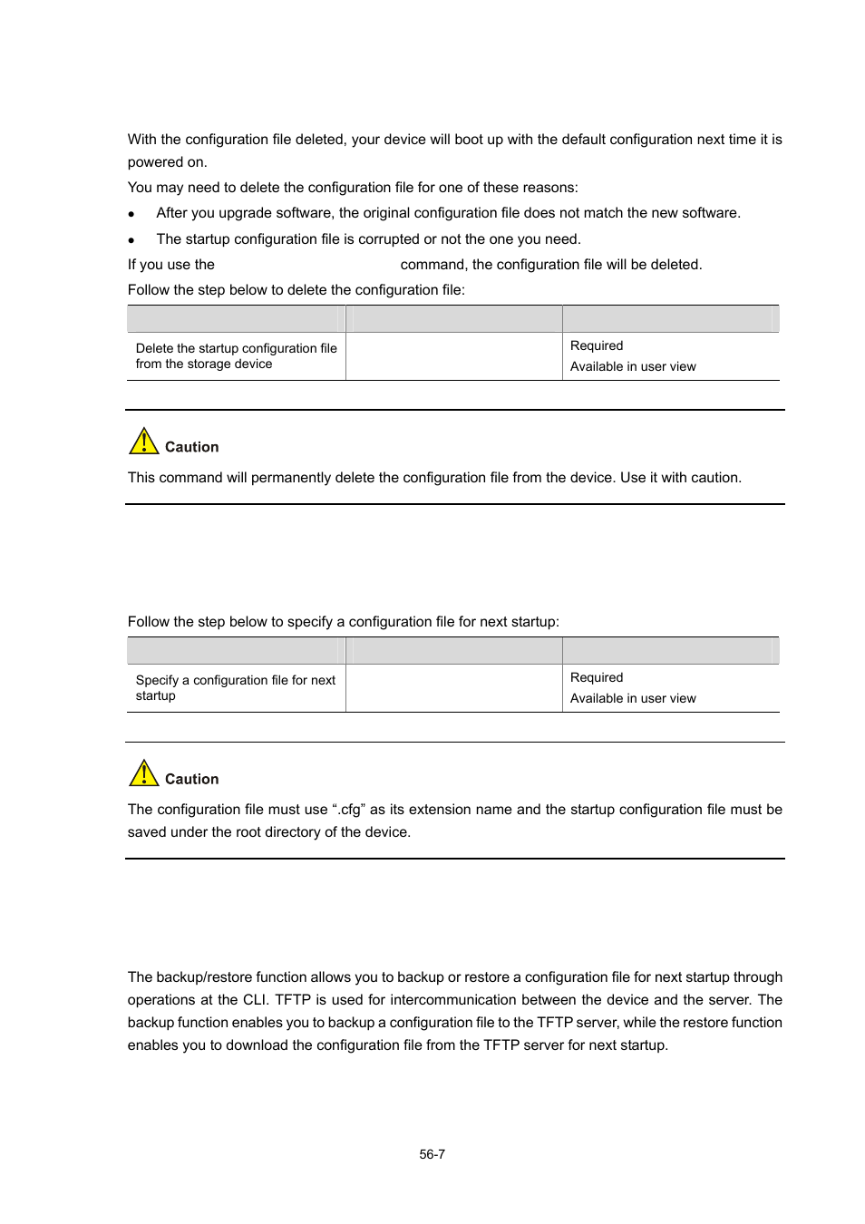 Deleting the startup configuration file, Specifying a configuration file for next startup, Specifying the configuration file for next startup | Backup/restore function overview | H3C Technologies H3C WX6000 Series Access Controllers User Manual | Page 527 / 678