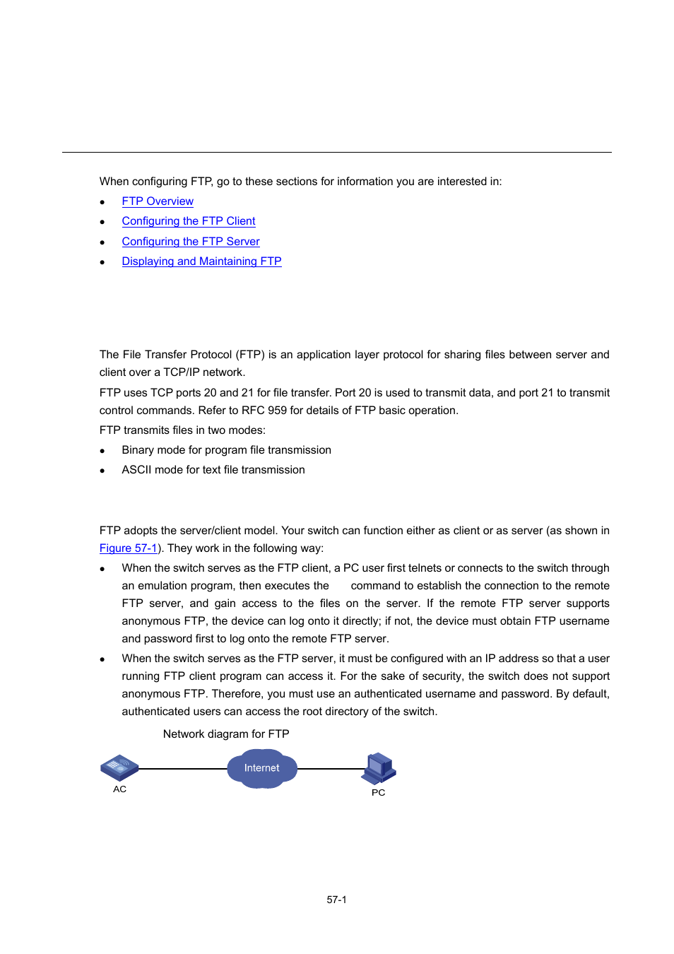 57 ftp configuration, Ftp overview, Introduction to ftp | Implementation of ftp, 1 implementation of ftp, Ftp configuration | H3C Technologies H3C WX6000 Series Access Controllers User Manual | Page 530 / 678