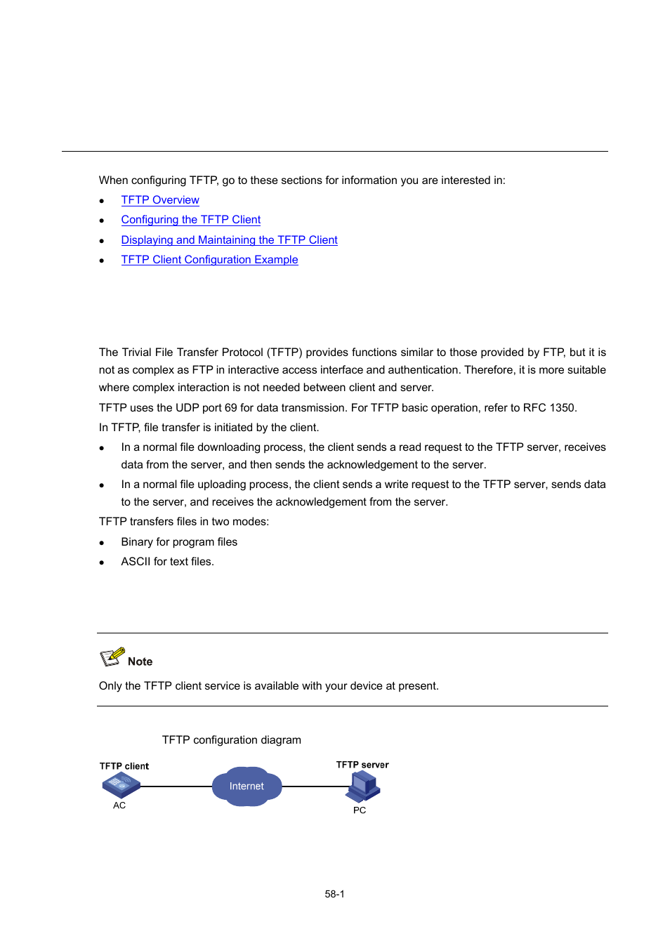 58 tftp configuration, Tftp overview, Introduction to tftp | Implementation of tftp, 1 implementation of tftp, Tftp configuration | H3C Technologies H3C WX6000 Series Access Controllers User Manual | Page 539 / 678