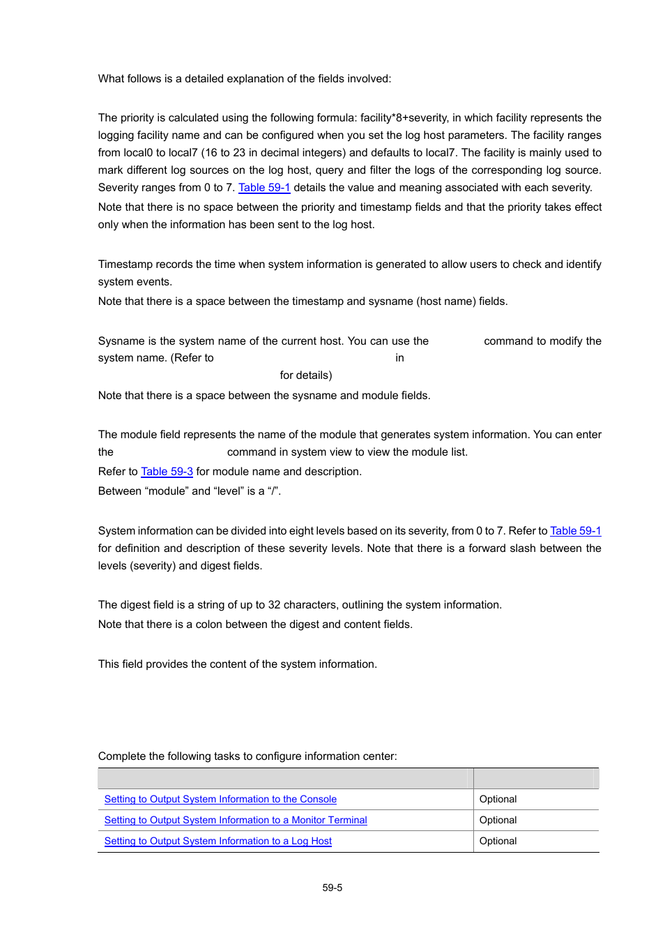 Priority, Timestamp, Sysname | Module, Level (severity), Digest, Content, Configuring information center, Information center configuration task list | H3C Technologies H3C WX6000 Series Access Controllers User Manual | Page 547 / 678