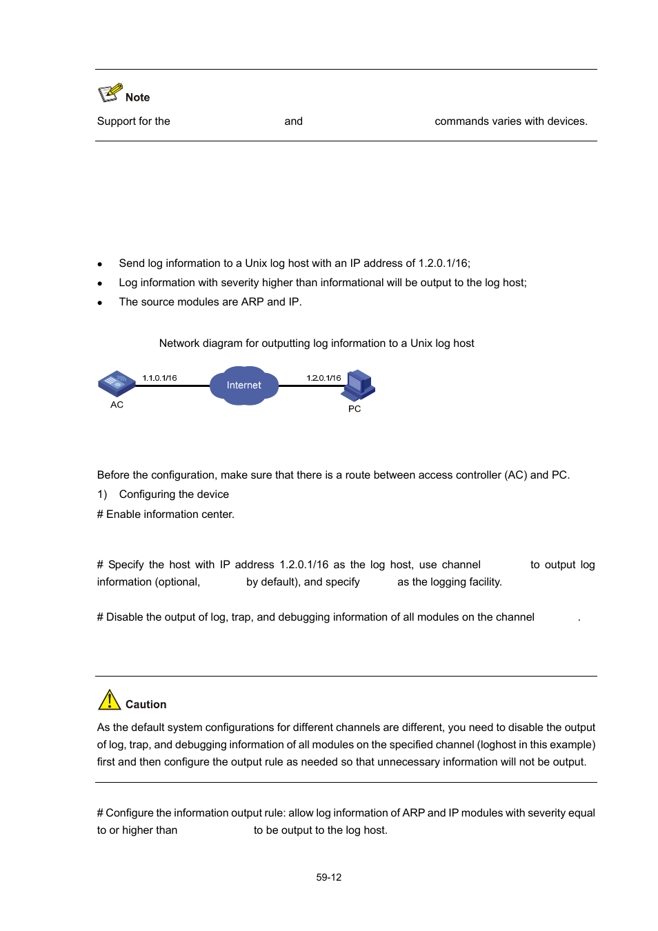 Information center configuration examples, Outputting log information to a unix log host, Network requirements | Network diagram, Configuration procedure | H3C Technologies H3C WX6000 Series Access Controllers User Manual | Page 554 / 678