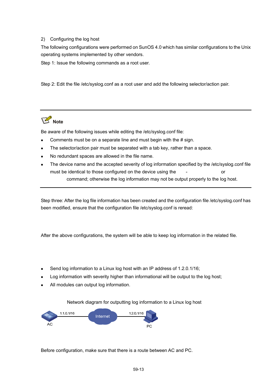 Outputting log information to a linux log host, Network requirements, Network diagram | Configuration procedure | H3C Technologies H3C WX6000 Series Access Controllers User Manual | Page 555 / 678
