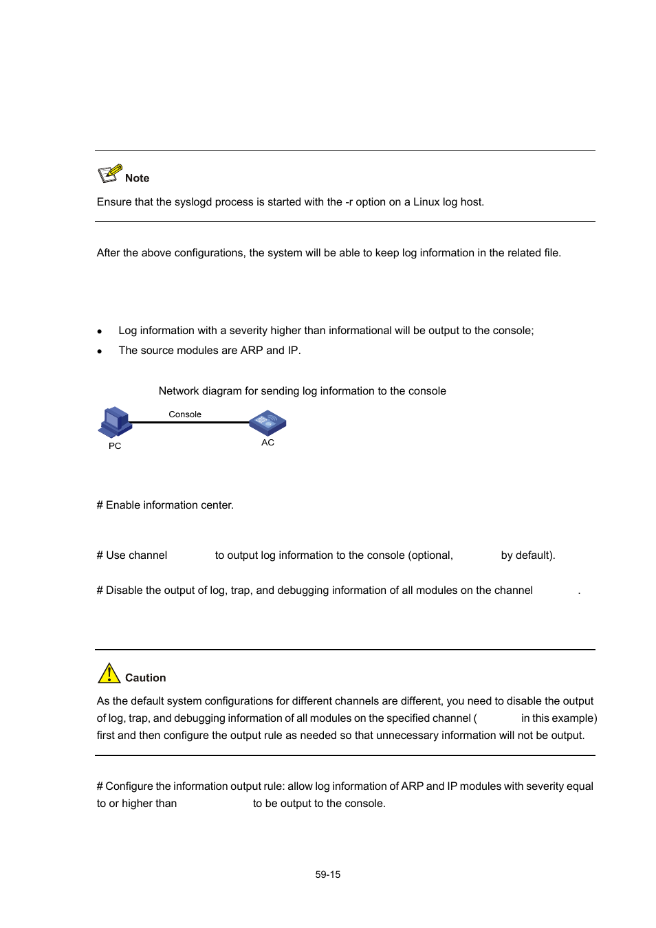 Outputting log information to the console, Network requirements, Network diagram | Configuration procedure | H3C Technologies H3C WX6000 Series Access Controllers User Manual | Page 557 / 678