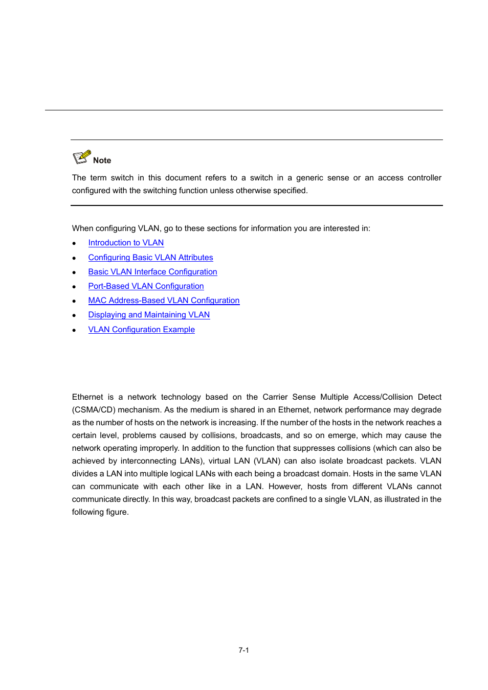 7 vlan configuration, Introduction to vlan, Vlan overview | Vlan configuration | H3C Technologies H3C WX6000 Series Access Controllers User Manual | Page 56 / 678