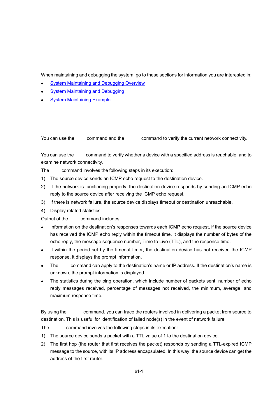 61 system maintaining and debugging, System maintaining and debugging overview, Introduction to system maintaining | The ping command, The tracert command, System maintaining and debugging | H3C Technologies H3C WX6000 Series Access Controllers User Manual | Page 572 / 678