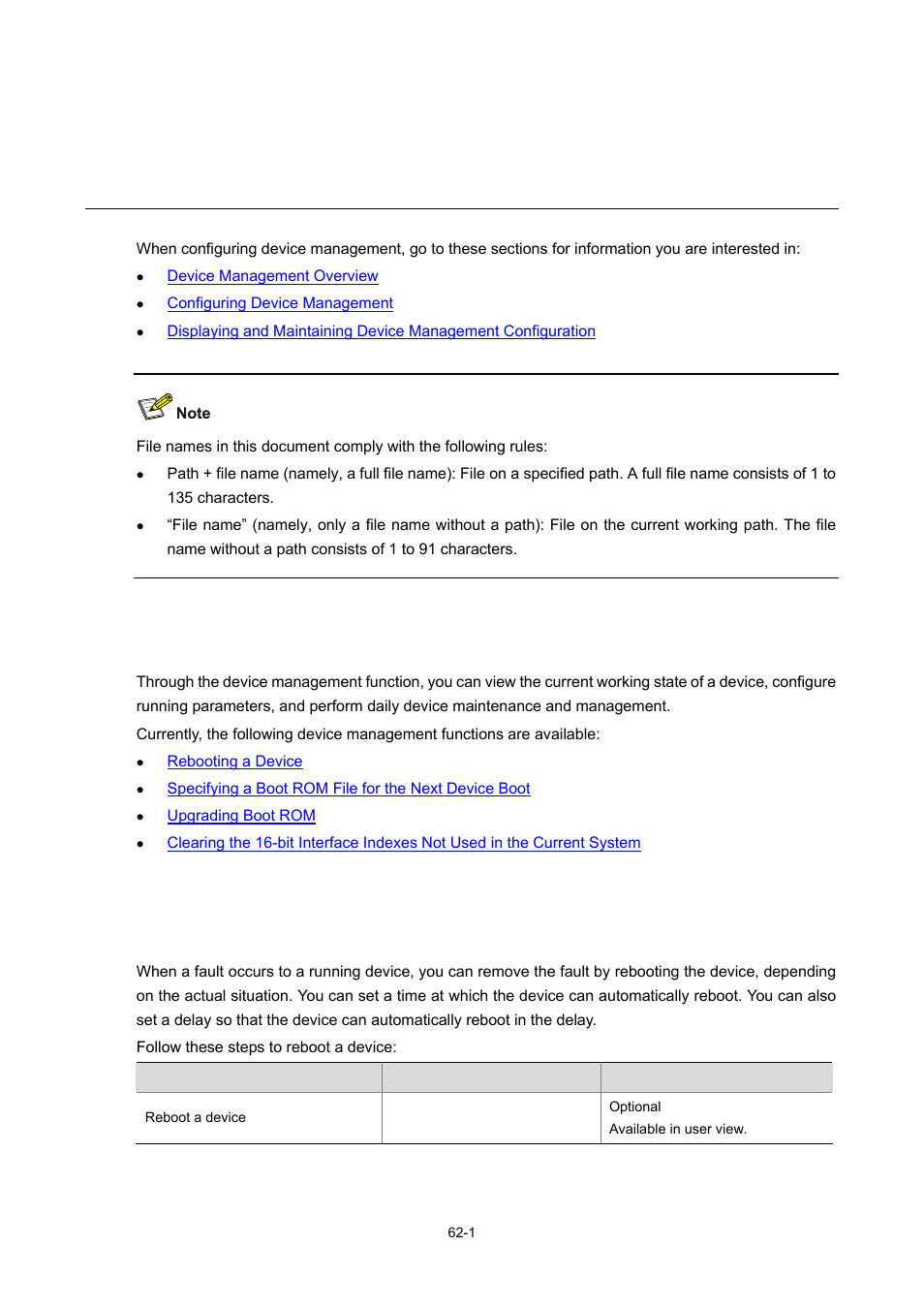 62 device management, Device management overview, Configuring device management | Rebooting a device, 1 configuring device management, Device management | H3C Technologies H3C WX6000 Series Access Controllers User Manual | Page 576 / 678