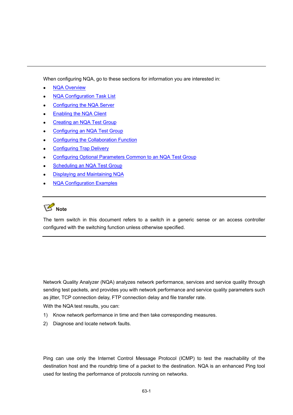 63 nqa configuration, Nqa overview, Introduction to nqa | Features of nqa, Supporting multiple test types, 1 features of nqa, Nqa configuration | H3C Technologies H3C WX6000 Series Access Controllers User Manual | Page 580 / 678