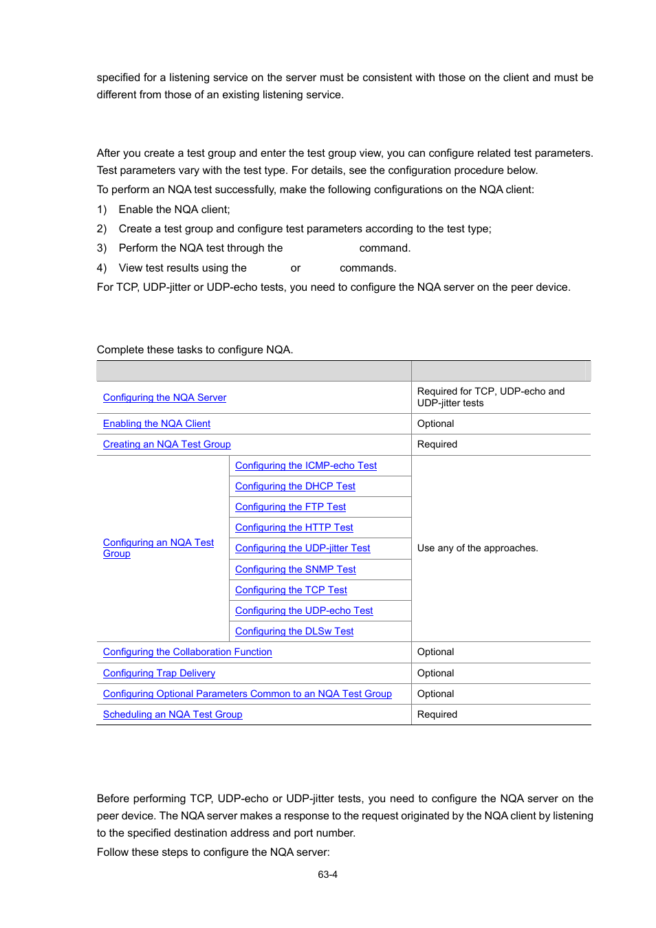 Nqa test operation, Nqa configuration task list, Configuring the nqa server | 4 configuring the nqa server | H3C Technologies H3C WX6000 Series Access Controllers User Manual | Page 583 / 678