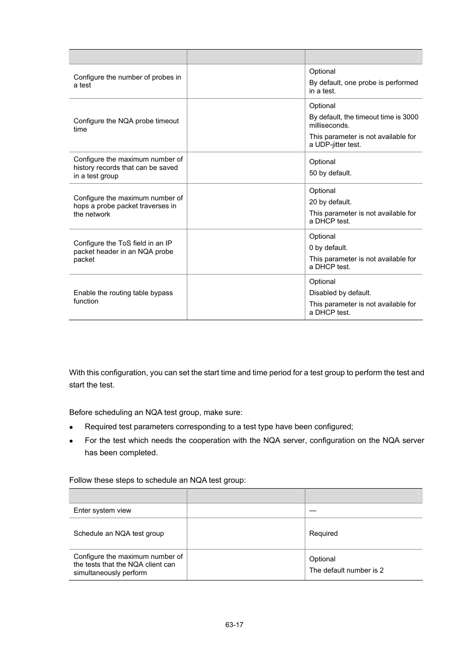 Scheduling an nqa test group, Configuration prerequisites | H3C Technologies H3C WX6000 Series Access Controllers User Manual | Page 596 / 678
