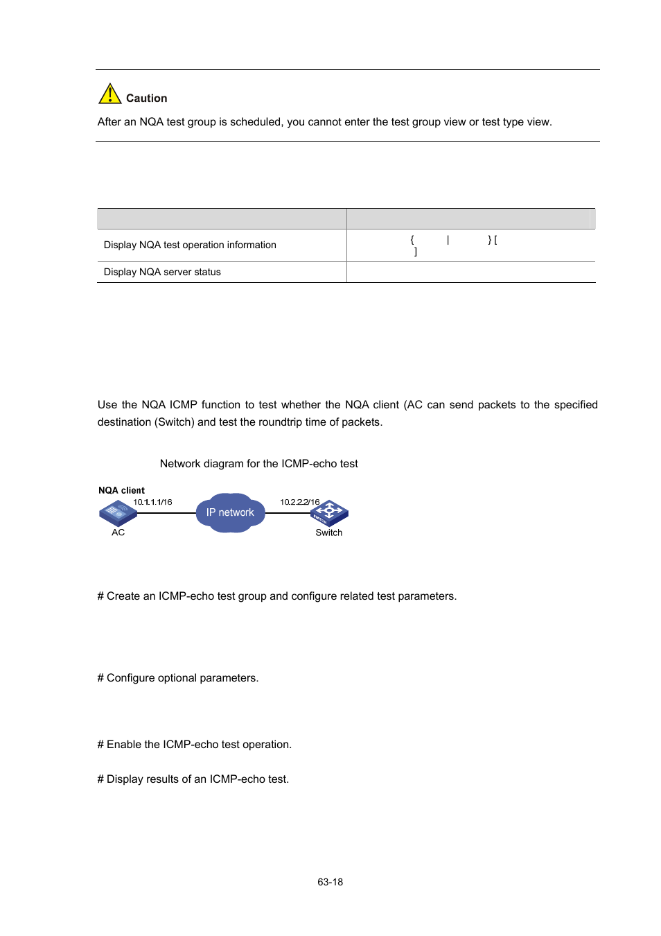 Displaying and maintaining nqa, Nqa configuration examples, Icmp-echo test configuration example | Network requirements, Network diagram, Configuration procedure, 18 nqa configuration examples | H3C Technologies H3C WX6000 Series Access Controllers User Manual | Page 597 / 678