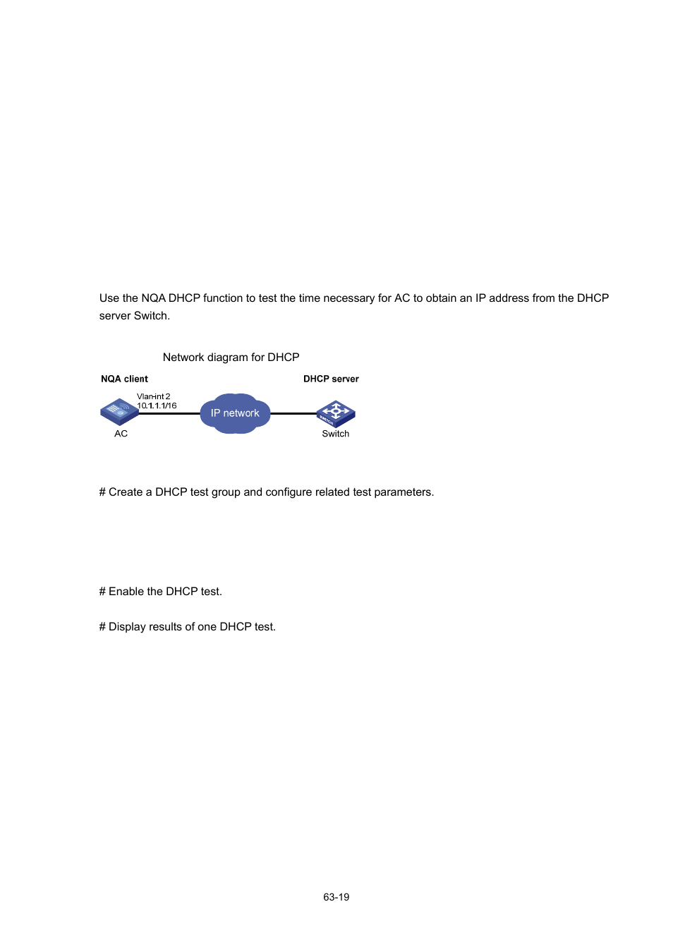 Dhcp test configuration example, Network requirements, Network diagram | Configuration procedure | H3C Technologies H3C WX6000 Series Access Controllers User Manual | Page 598 / 678