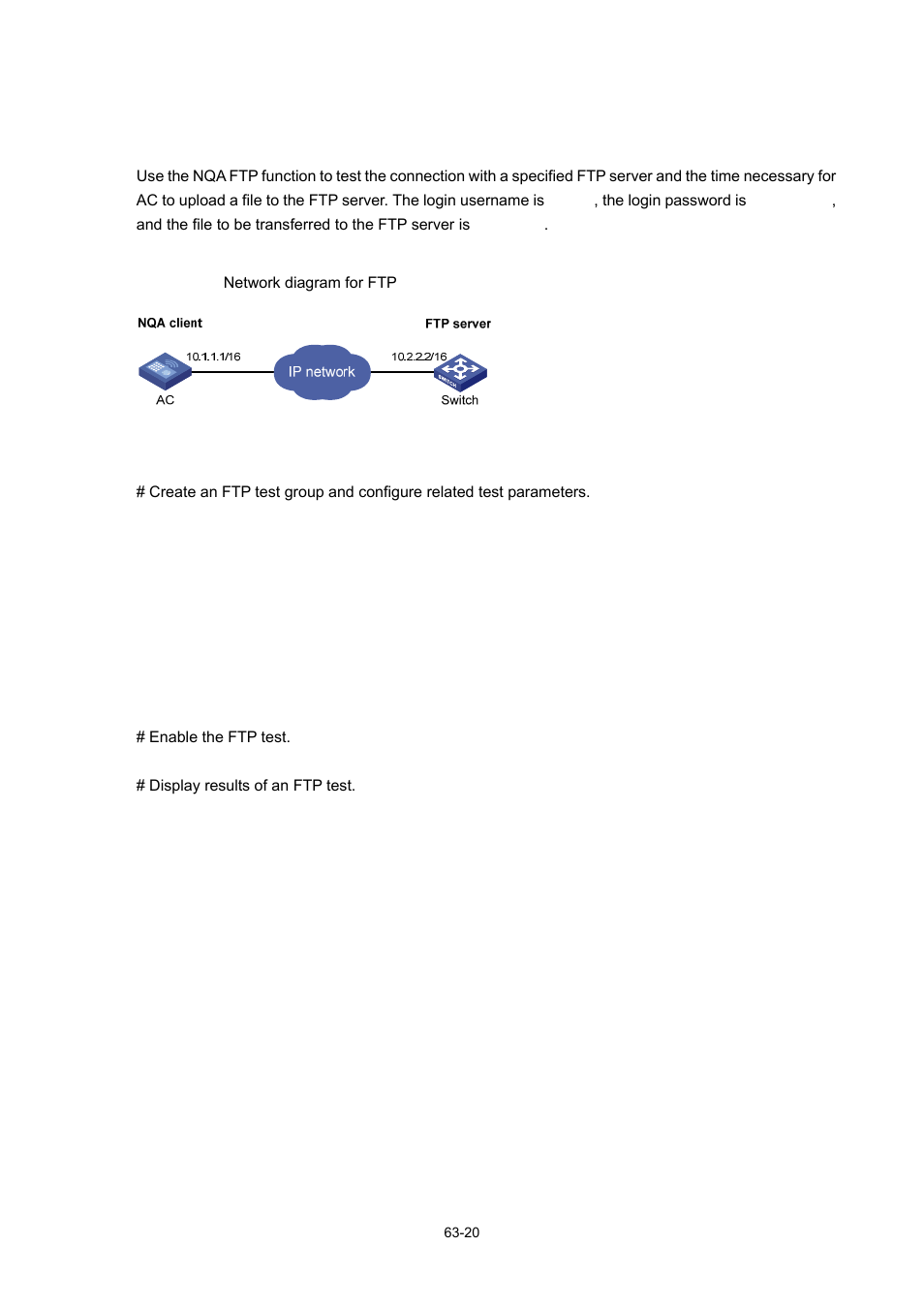 Ftp test configuration example, Network requirements, Network diagram | Configuration procedure | H3C Technologies H3C WX6000 Series Access Controllers User Manual | Page 599 / 678