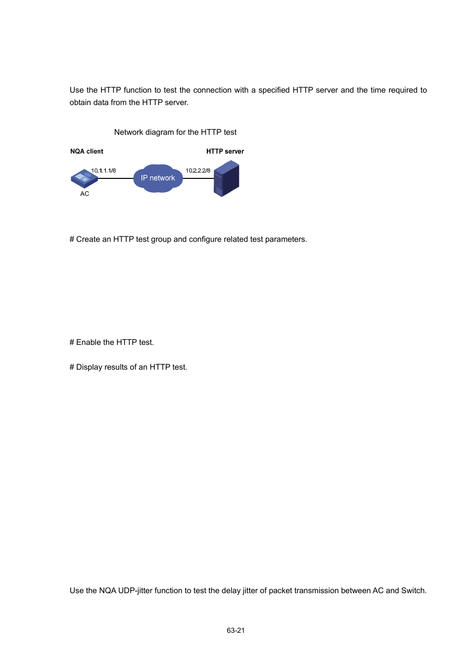 Http test configuration example, Network requirements, Network diagram | Configuration procedure, Udp-jitter test configuration example | H3C Technologies H3C WX6000 Series Access Controllers User Manual | Page 600 / 678