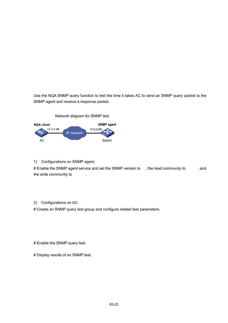 Snmp test configuration example, Network requirements, Network diagram | Configuration procedure | H3C Technologies H3C WX6000 Series Access Controllers User Manual | Page 602 / 678