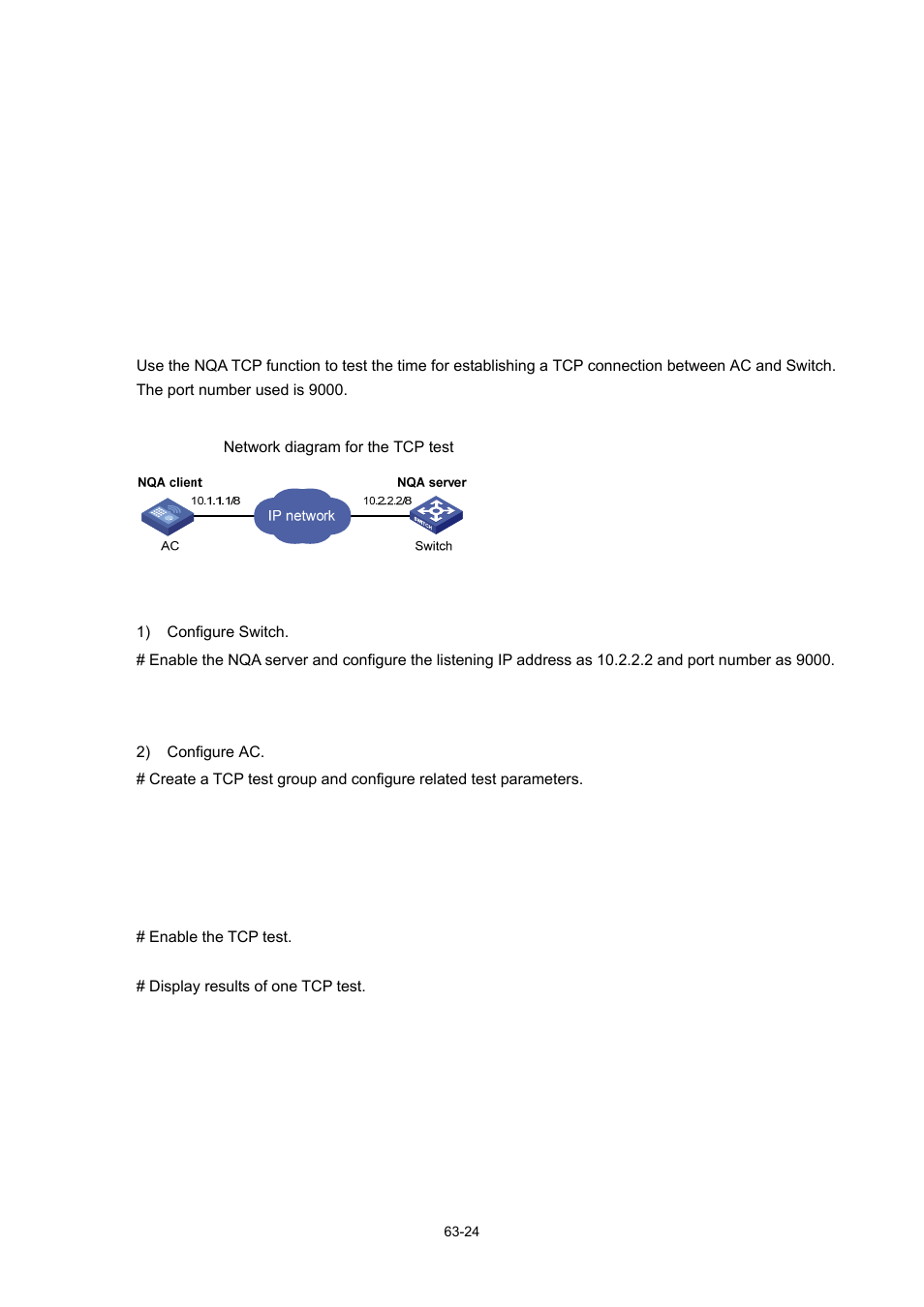 Tcp test configuration example, Network requirements, Network diagram | Configuration procedure | H3C Technologies H3C WX6000 Series Access Controllers User Manual | Page 603 / 678