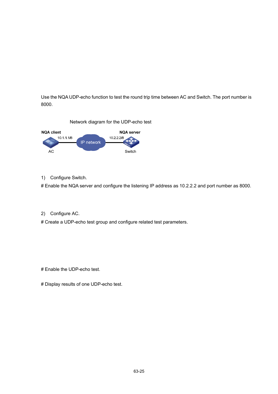Udp-echo test configuration example, Network requirements, Network diagram | Configuration procedure | H3C Technologies H3C WX6000 Series Access Controllers User Manual | Page 604 / 678