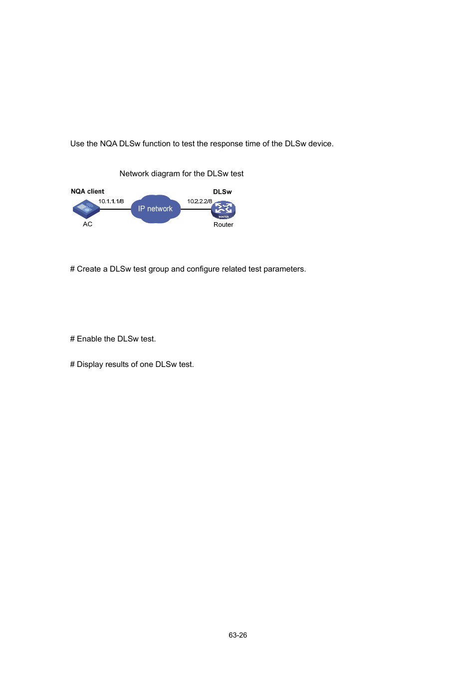 Dlsw test configuration example, Network requirements, Network diagram | Configuration procedure | H3C Technologies H3C WX6000 Series Access Controllers User Manual | Page 605 / 678