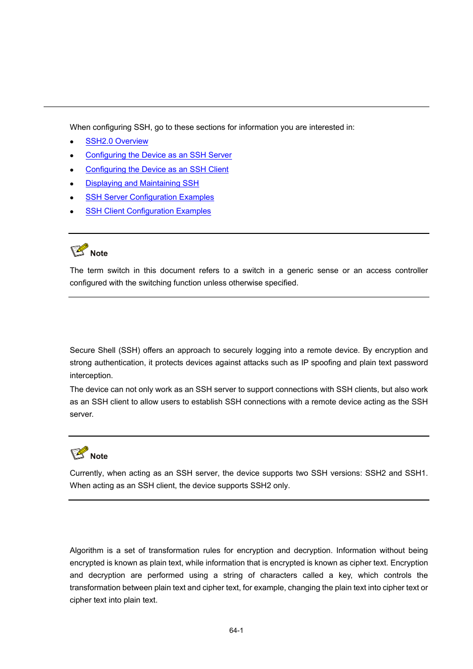 64 ssh configuration, Ssh2.0 overview, Algorithm and key | Ssh configuration | H3C Technologies H3C WX6000 Series Access Controllers User Manual | Page 606 / 678