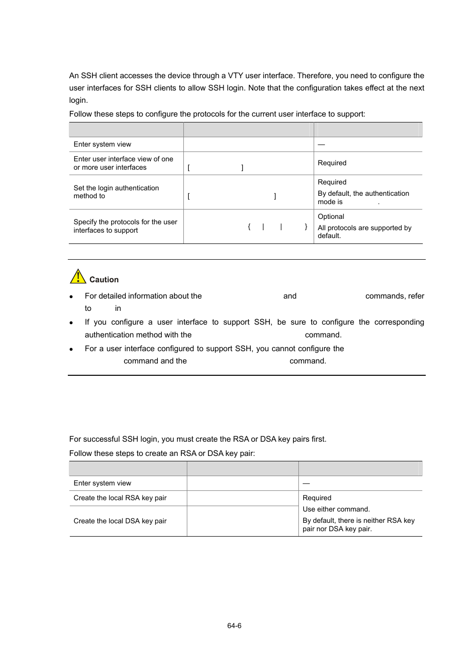 Configuring the user interfaces for ssh clients, Configuring rsa and dsa keys, Creating rsa or dsa key pairs | H3C Technologies H3C WX6000 Series Access Controllers User Manual | Page 611 / 678