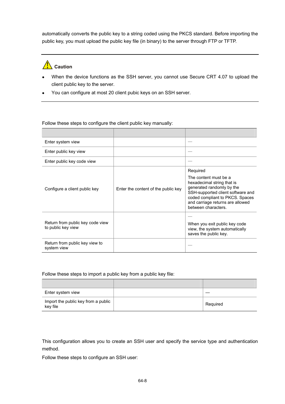 Configuring a client public key manually, Configuring an ssh user | H3C Technologies H3C WX6000 Series Access Controllers User Manual | Page 613 / 678