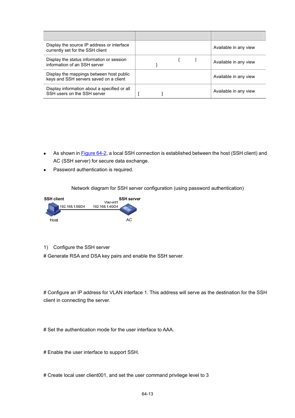 Ssh server configuration examples, When using password authentication, Network requirements | Network diagram, Configuration procedure | H3C Technologies H3C WX6000 Series Access Controllers User Manual | Page 618 / 678