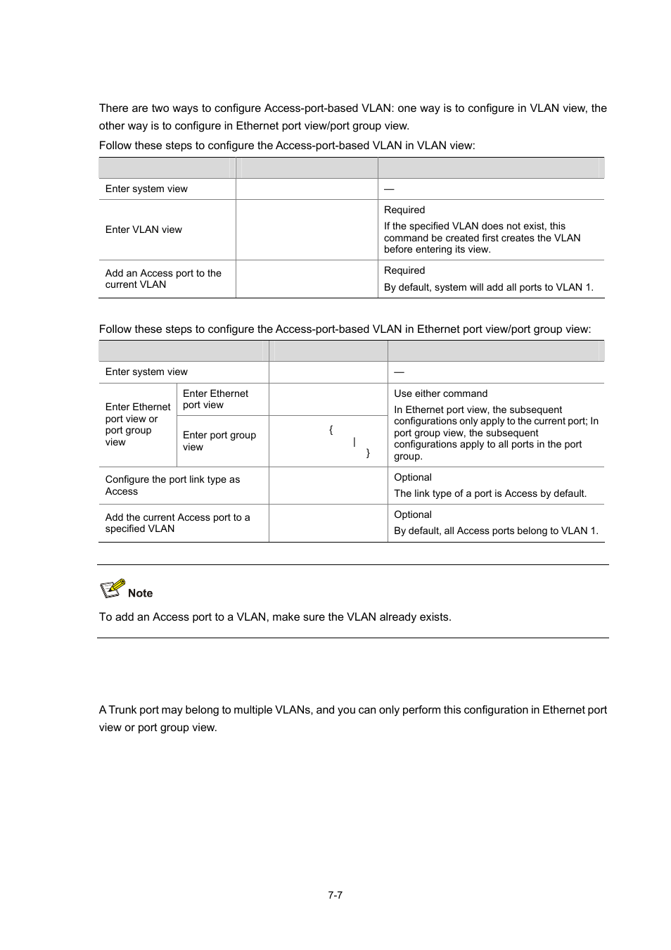 Configuring an access-port-based vlan, Configuring a trunk-port-based vlan | H3C Technologies H3C WX6000 Series Access Controllers User Manual | Page 62 / 678
