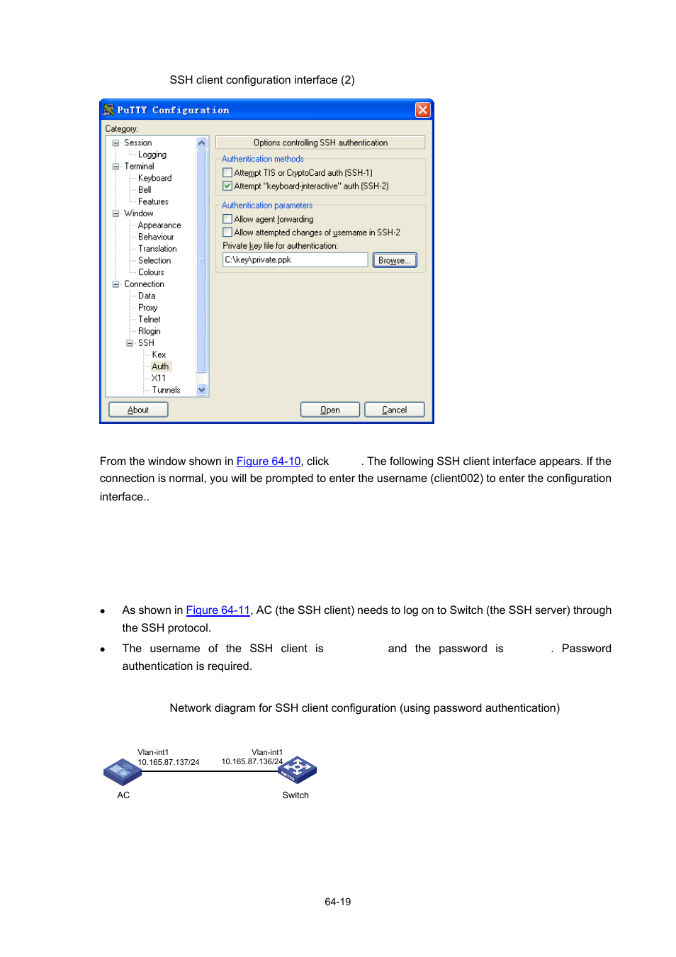 Ssh client configuration examples, When using password authentication, Network requirements | Network diagram | H3C Technologies H3C WX6000 Series Access Controllers User Manual | Page 624 / 678