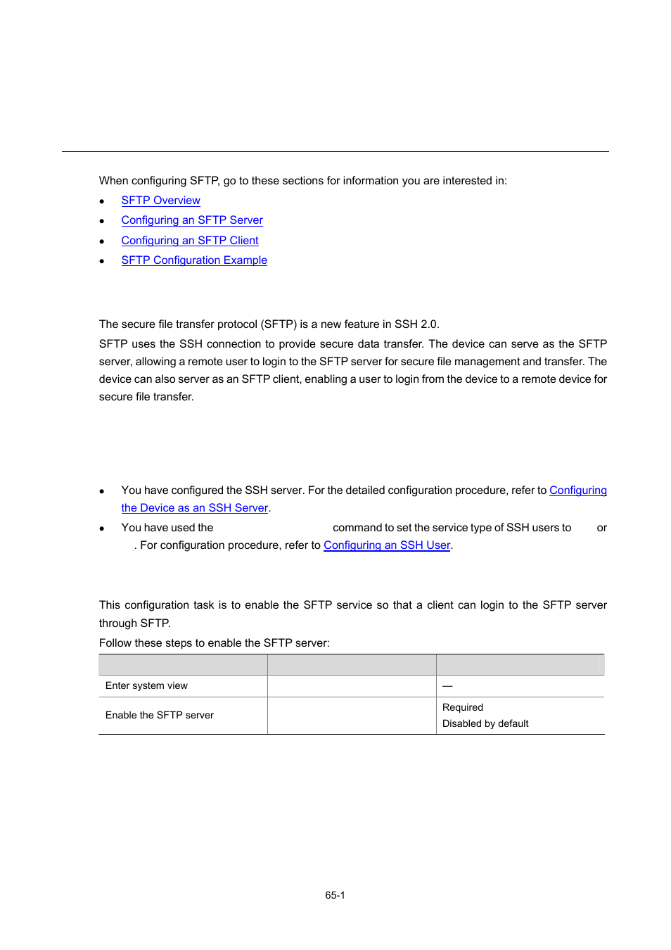 65 sftp service, Sftp overview, Configuring an sftp server | Configuration prerequisites, Enabling the sftp server, 1 configuring an sftp server, 1 enabling the sftp server, R to, Sftp service | H3C Technologies H3C WX6000 Series Access Controllers User Manual | Page 629 / 678