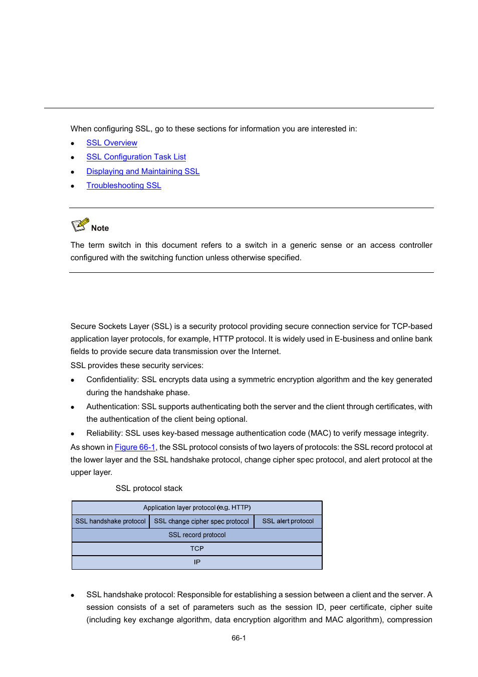66 ssl configuration, Ssl overview, Ssl configuration | H3C Technologies H3C WX6000 Series Access Controllers User Manual | Page 637 / 678