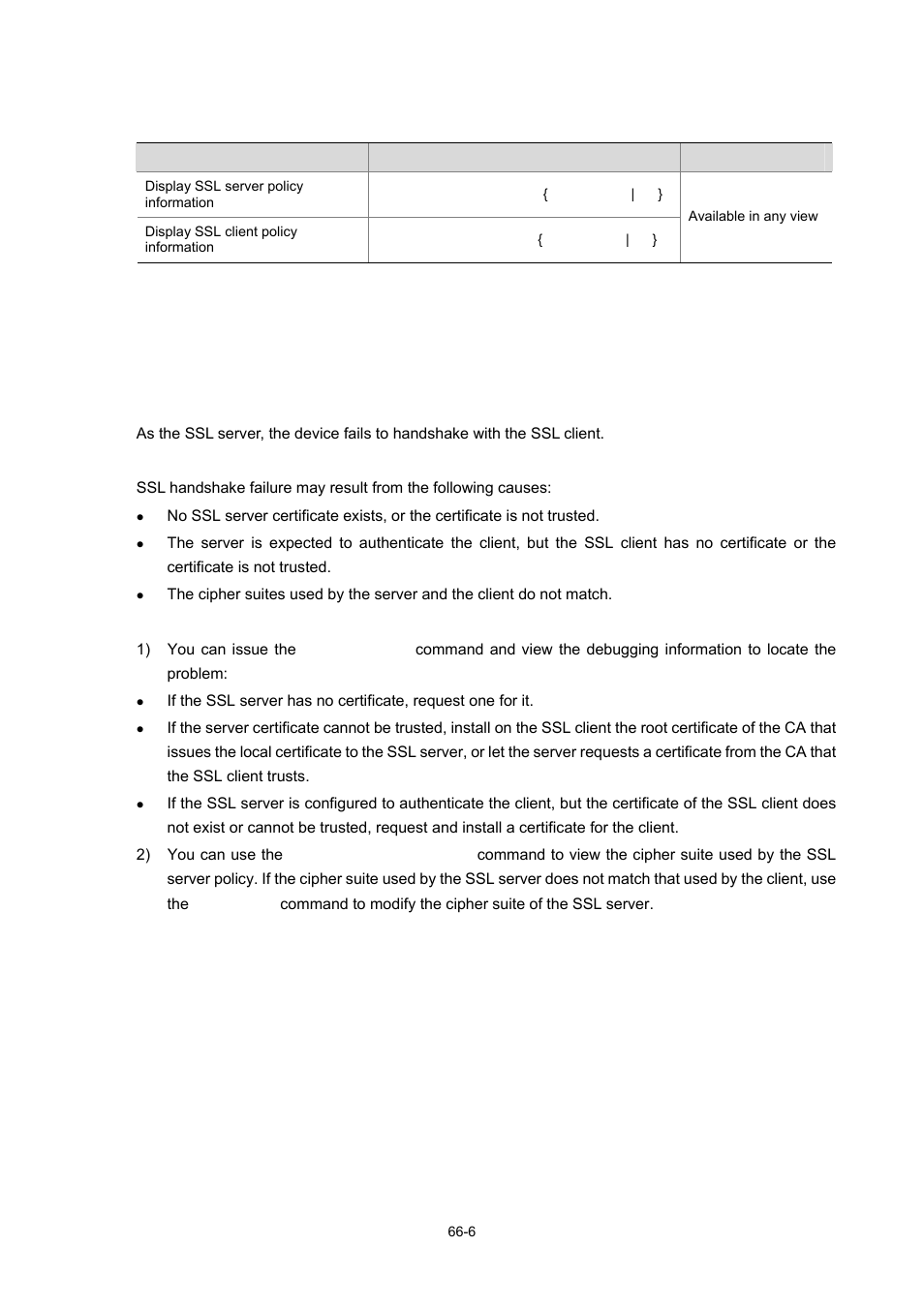 Displaying and maintaining ssl, Troubleshooting ssl, Ssl handshake failure | Symptom, Analysis, Solution, 6 troubleshooting ssl | H3C Technologies H3C WX6000 Series Access Controllers User Manual | Page 642 / 678