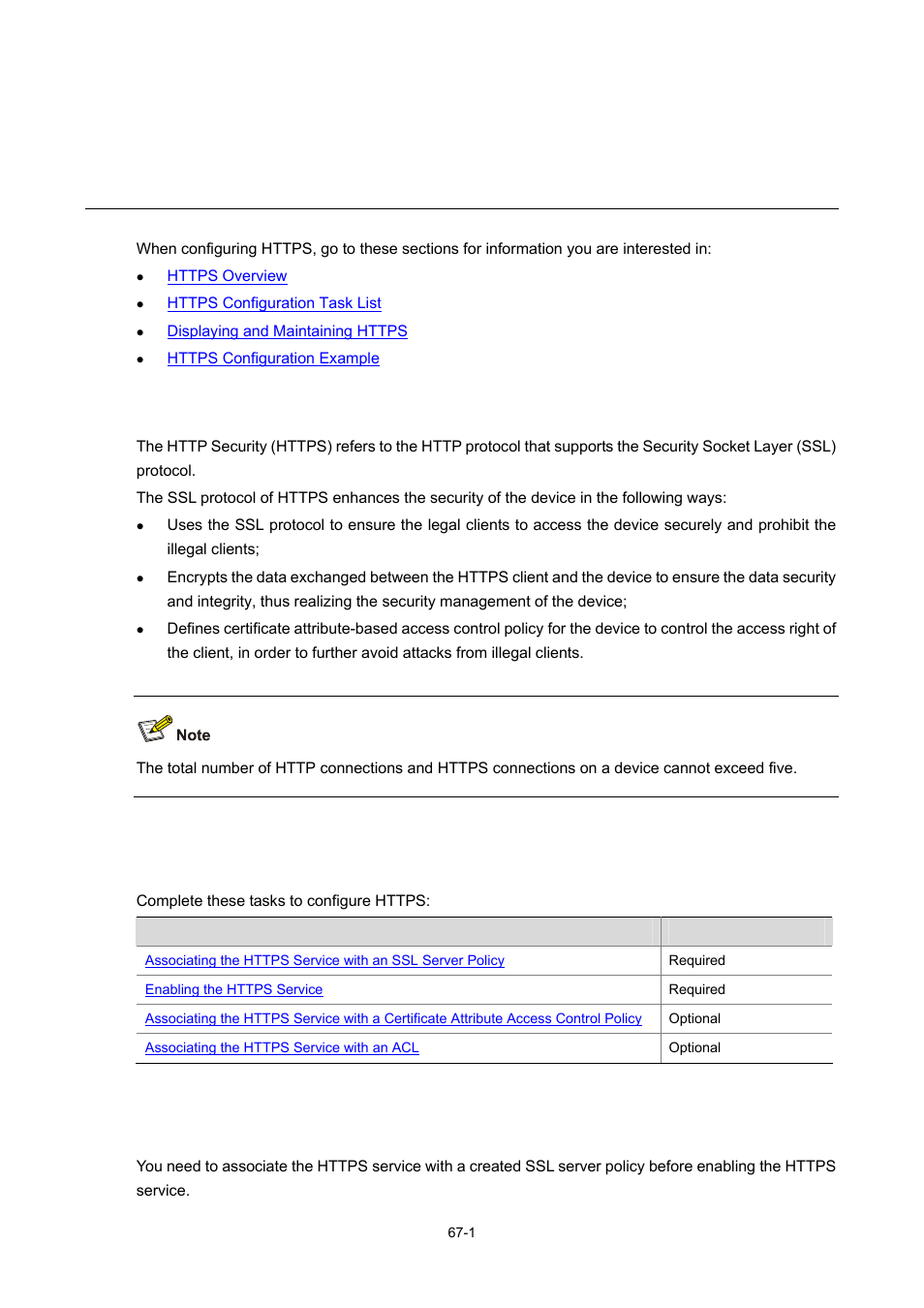 67 https configuration, Https overview, Https configuration task list | 1 https configuration task list | H3C Technologies H3C WX6000 Series Access Controllers User Manual | Page 643 / 678