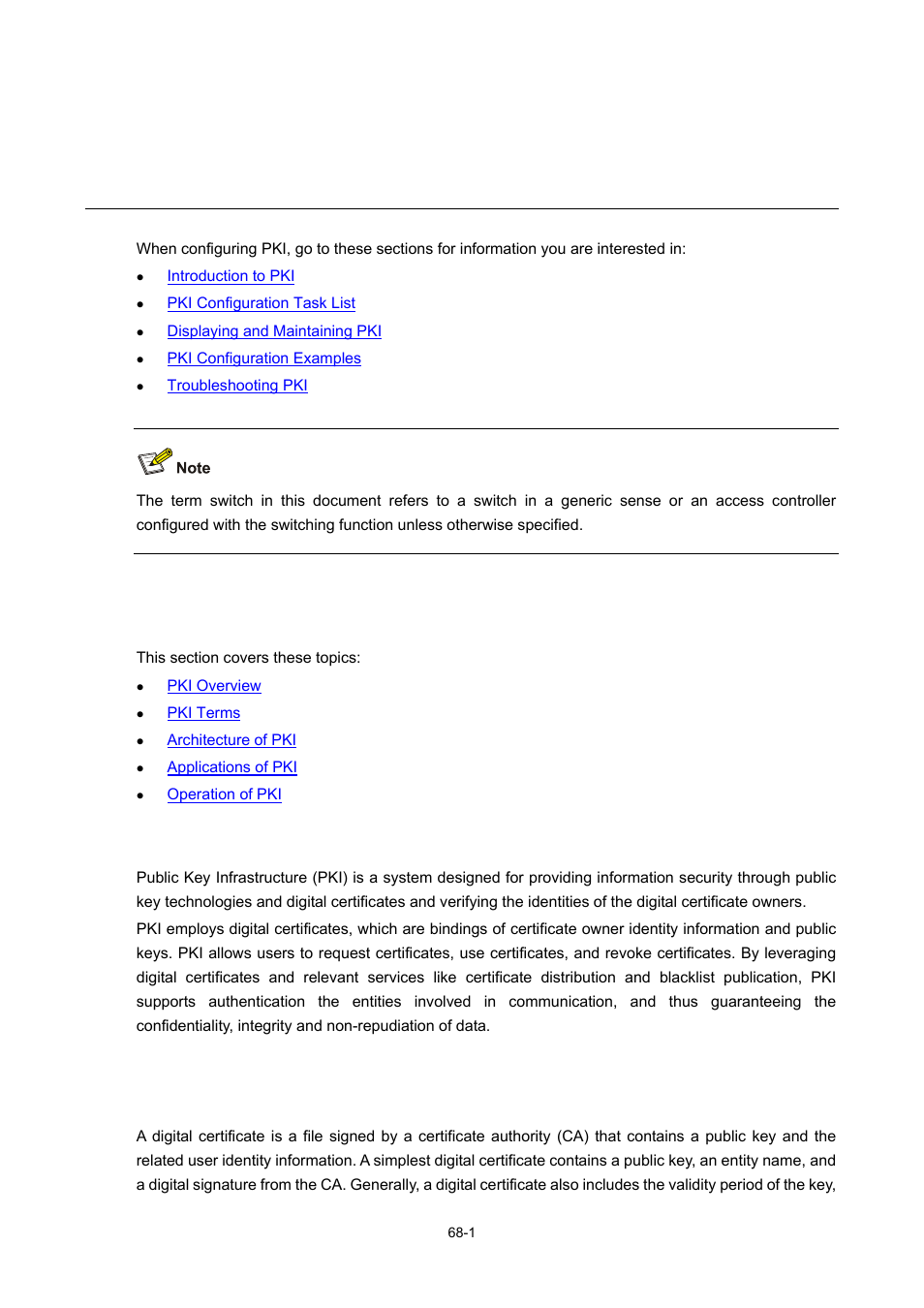 68 pki configuration, Introduction to pki, Pki overview | Pki terms, Digital certificate, 1 pki terms, Pki configuration | H3C Technologies H3C WX6000 Series Access Controllers User Manual | Page 648 / 678