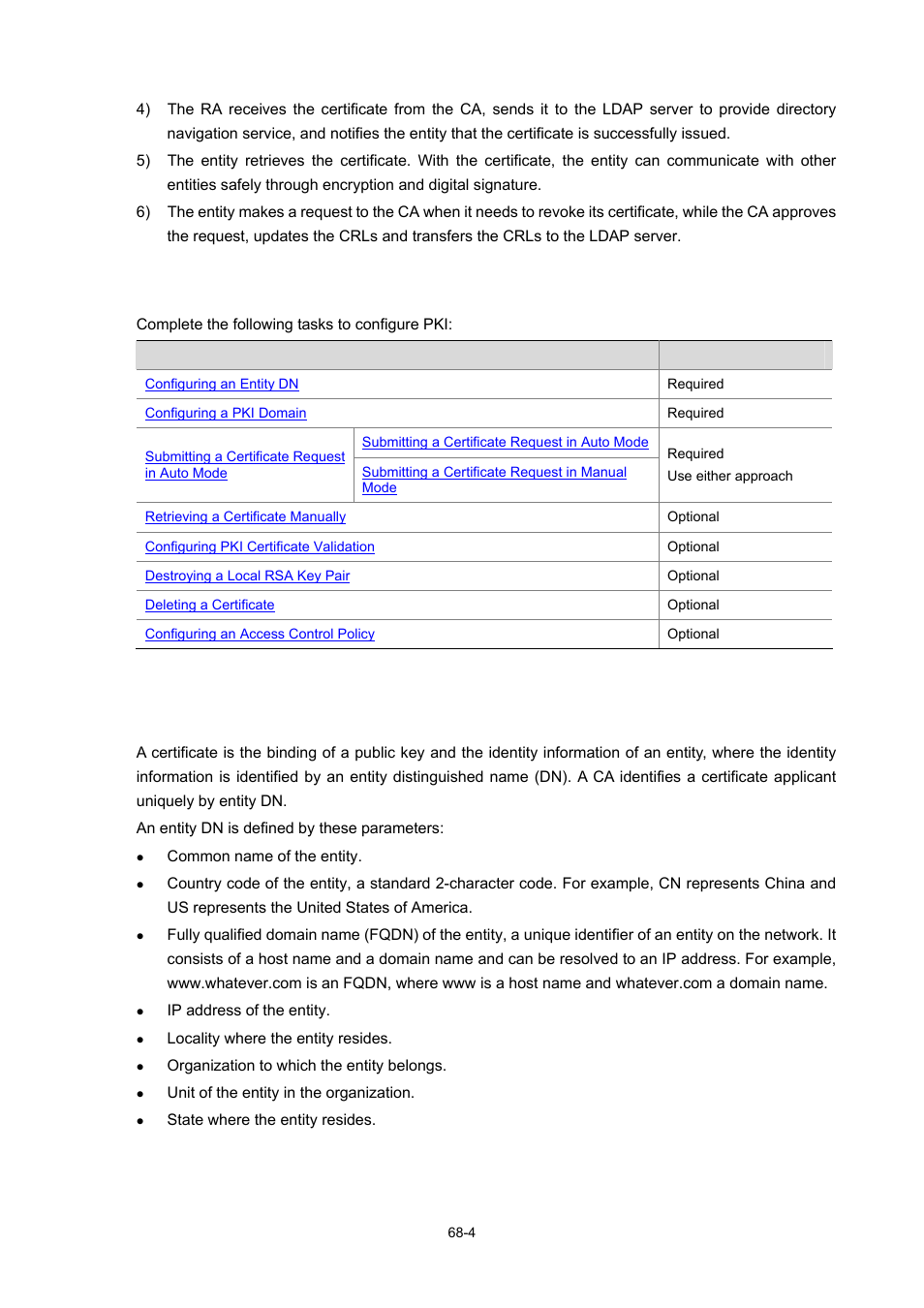 Pki configuration task list, Configuring an entity dn, 4 configuring an entity dn | H3C Technologies H3C WX6000 Series Access Controllers User Manual | Page 651 / 678