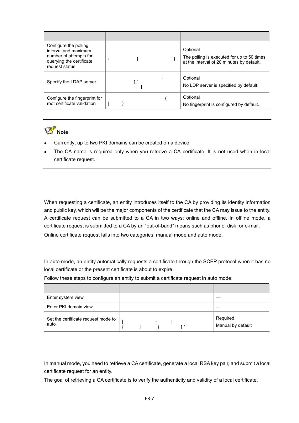 Submitting a pki certificate request, Submitting a certificate request in auto mode, Submitting a certificate request in manual mode | H3C Technologies H3C WX6000 Series Access Controllers User Manual | Page 654 / 678