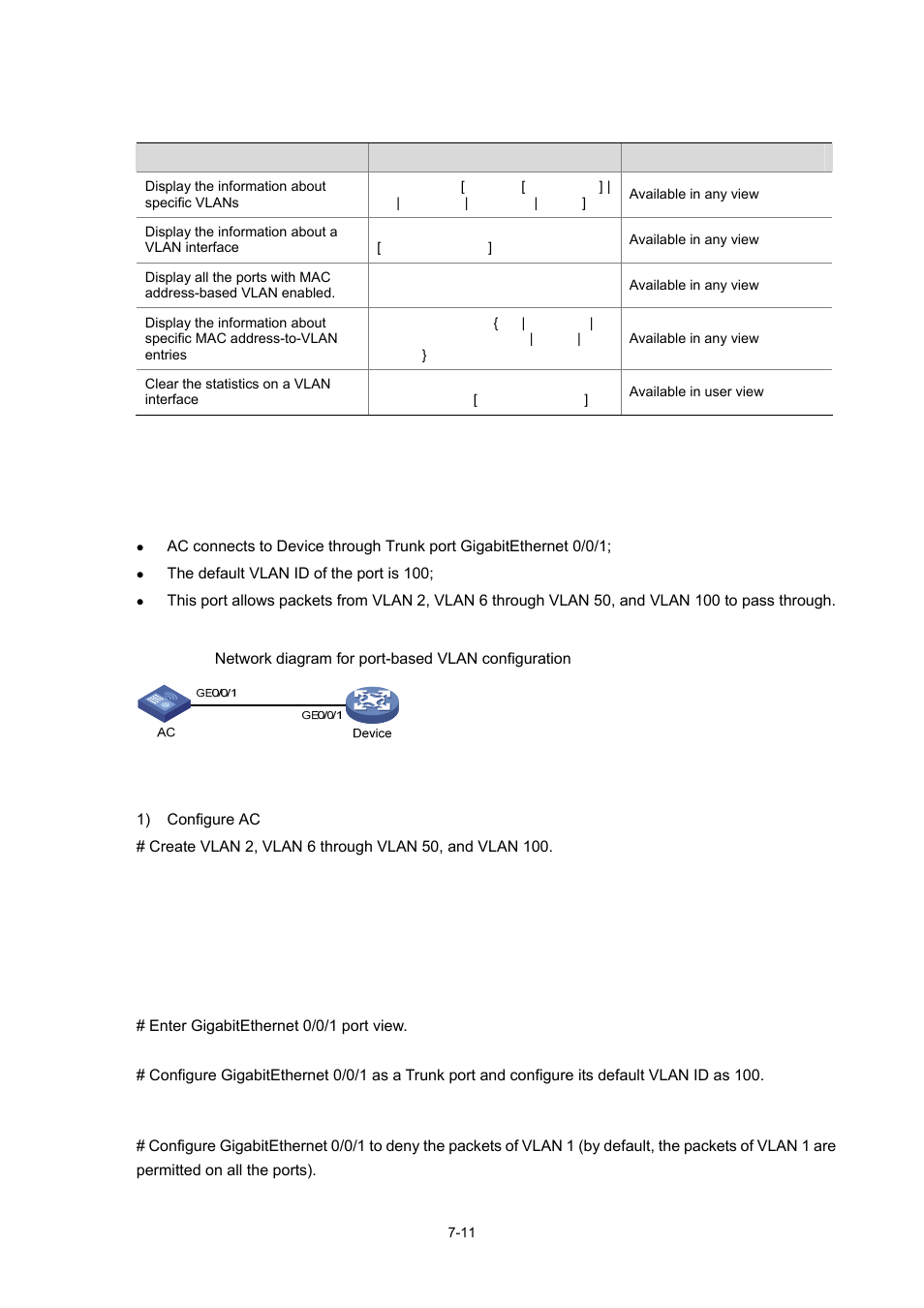 Displaying and maintaining vlan, Vlan configuration example, Network requirements | Network diagram, Configuration procedure, 11 vlan configuration example | H3C Technologies H3C WX6000 Series Access Controllers User Manual | Page 66 / 678