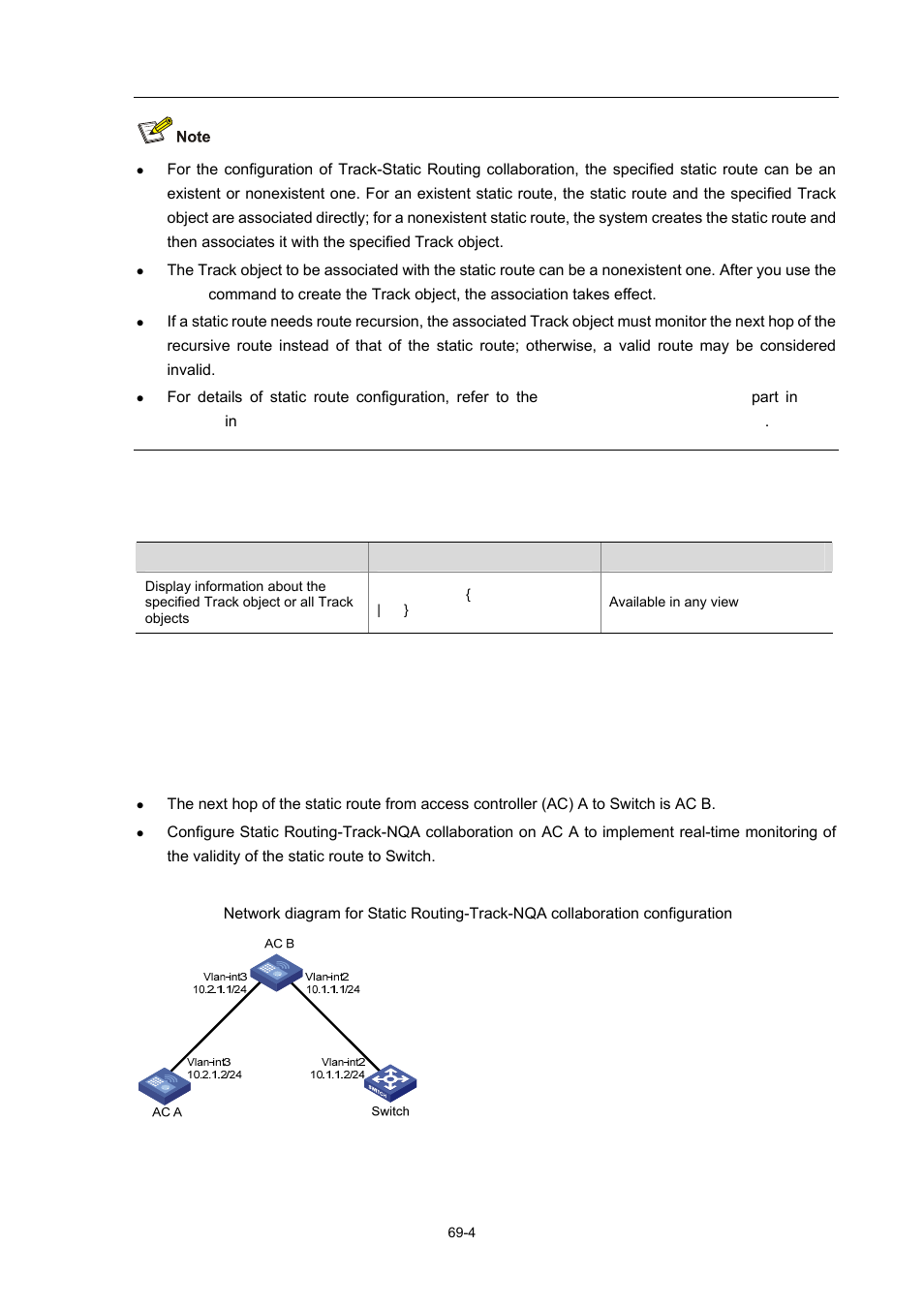 Displaying and maintaining track object(s), Track configuration example, Network requirements | Network diagram, 4 track configuration example | H3C Technologies H3C WX6000 Series Access Controllers User Manual | Page 669 / 678