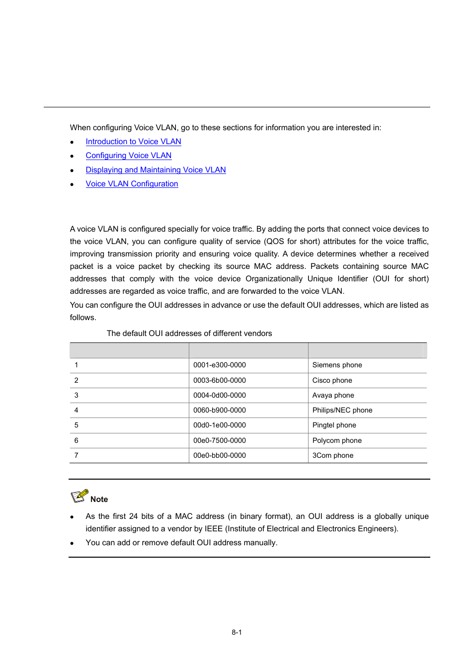 8 voice vlan configuration, Introduction to voice vlan, Voice vlan configuration | H3C Technologies H3C WX6000 Series Access Controllers User Manual | Page 69 / 678