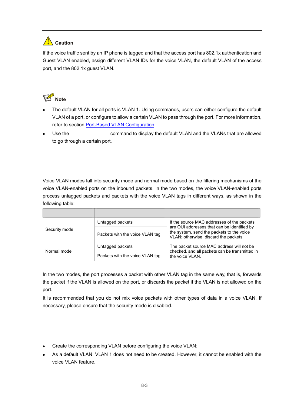 Security mode and normal mode for the voice vlan, Configuring voice vlan, Configuration prerequisites | H3C Technologies H3C WX6000 Series Access Controllers User Manual | Page 71 / 678