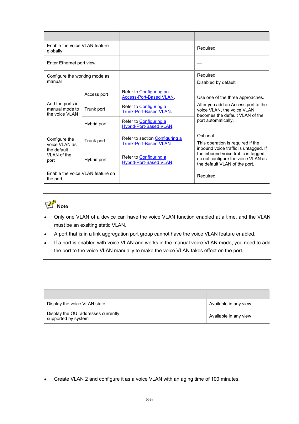 Displaying and maintaining voice vlan, Voice vlan configuration examples, Automatic voice vlan mode configuration example | Network requirement, 5 voice vlan configuration examples, Voice vlan configuration | H3C Technologies H3C WX6000 Series Access Controllers User Manual | Page 73 / 678