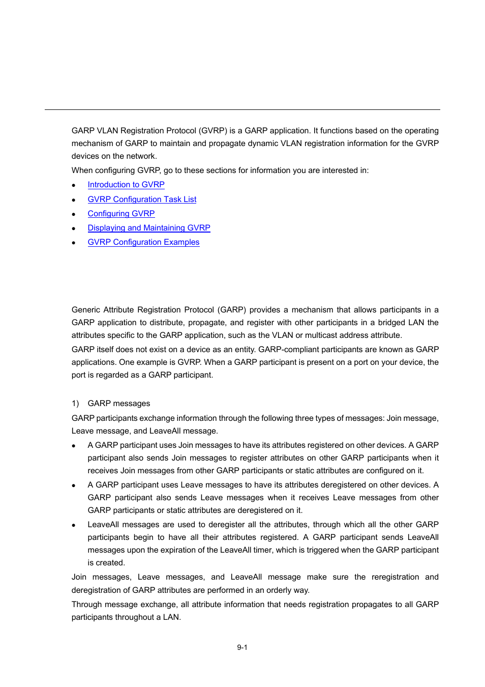 9 gvrp configuration, Introduction to gvrp, Garp | Garp messages and timers, Gvrp configuration | H3C Technologies H3C WX6000 Series Access Controllers User Manual | Page 78 / 678
