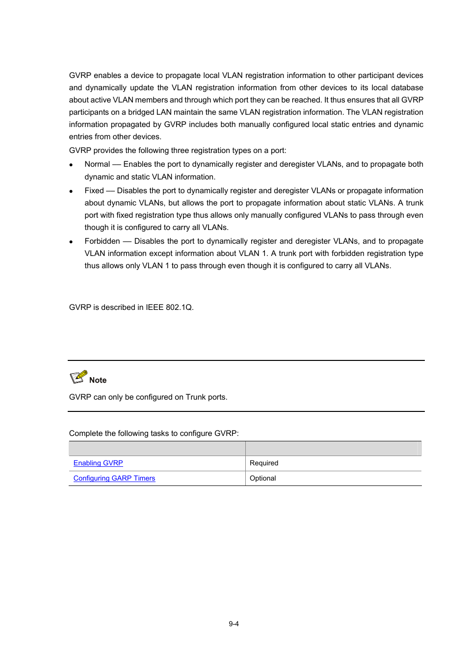 Gvrp, Protocols and standards, Gvrp configuration task list | 4 protocols and standards | H3C Technologies H3C WX6000 Series Access Controllers User Manual | Page 81 / 678