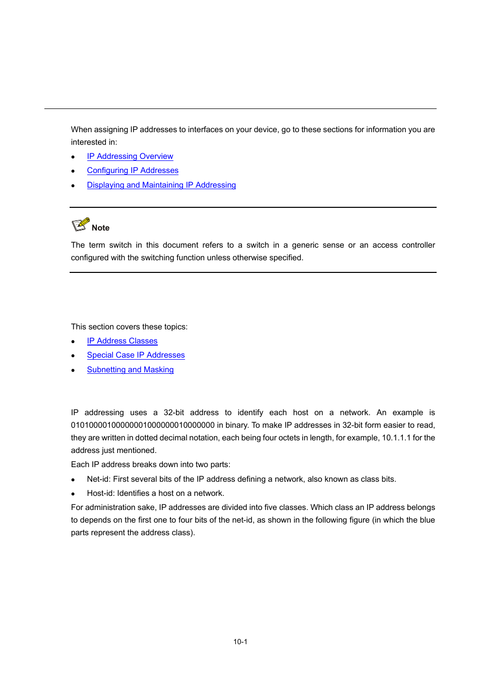 10 ip addressing configuration, Ip addressing overview, Ip address classes | Ip addressing configuration | H3C Technologies H3C WX6000 Series Access Controllers User Manual | Page 88 / 678