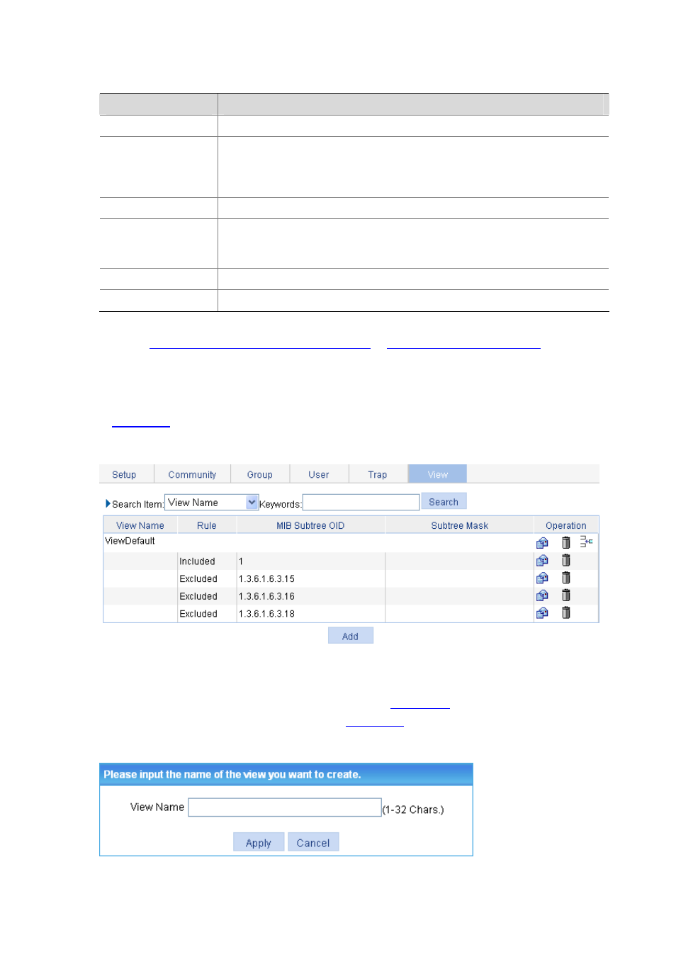 Configuring an snmp view, Creating an snmp view, Table 18-3 | H3C Technologies H3C WX6000 Series Access Controllers User Manual | Page 126 / 613